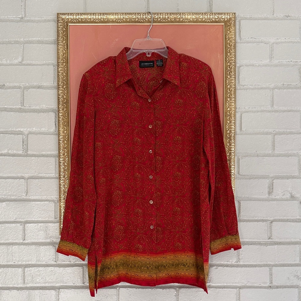 100% Silk Vintage 80s Liz Claiborne Red Patterned Blouse Natural Fiber
